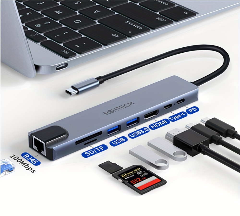 RSHTECH 8-in-1 Type C HUB Adapter - 4K HDTV, USB 3.0 5Gbps High-Speed Data Transmission, SD/TF Card Reader, RJ45 Ethernet, PD 100W USB C Docking Station for Mobile Hard Disk, Keyboard, Mouse, Digital Camera, Printer, Webcam, SD/TF Card