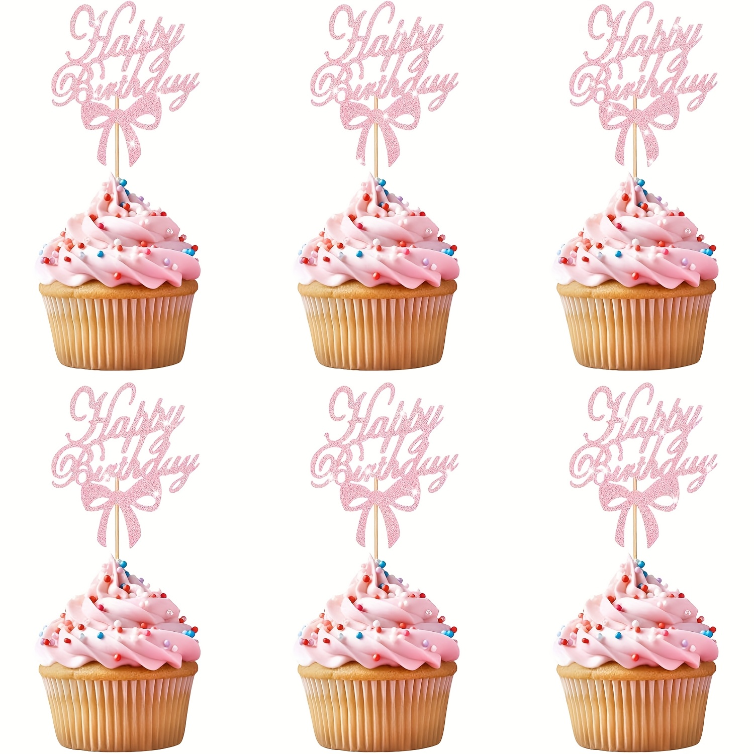 Image of 24pcs Happy Birthday Cupcake Toppers Coquette Glitter Cake Decorations For Celebrating Baby Shower Theme Birthday Anniversary Party Cupcake Supplies