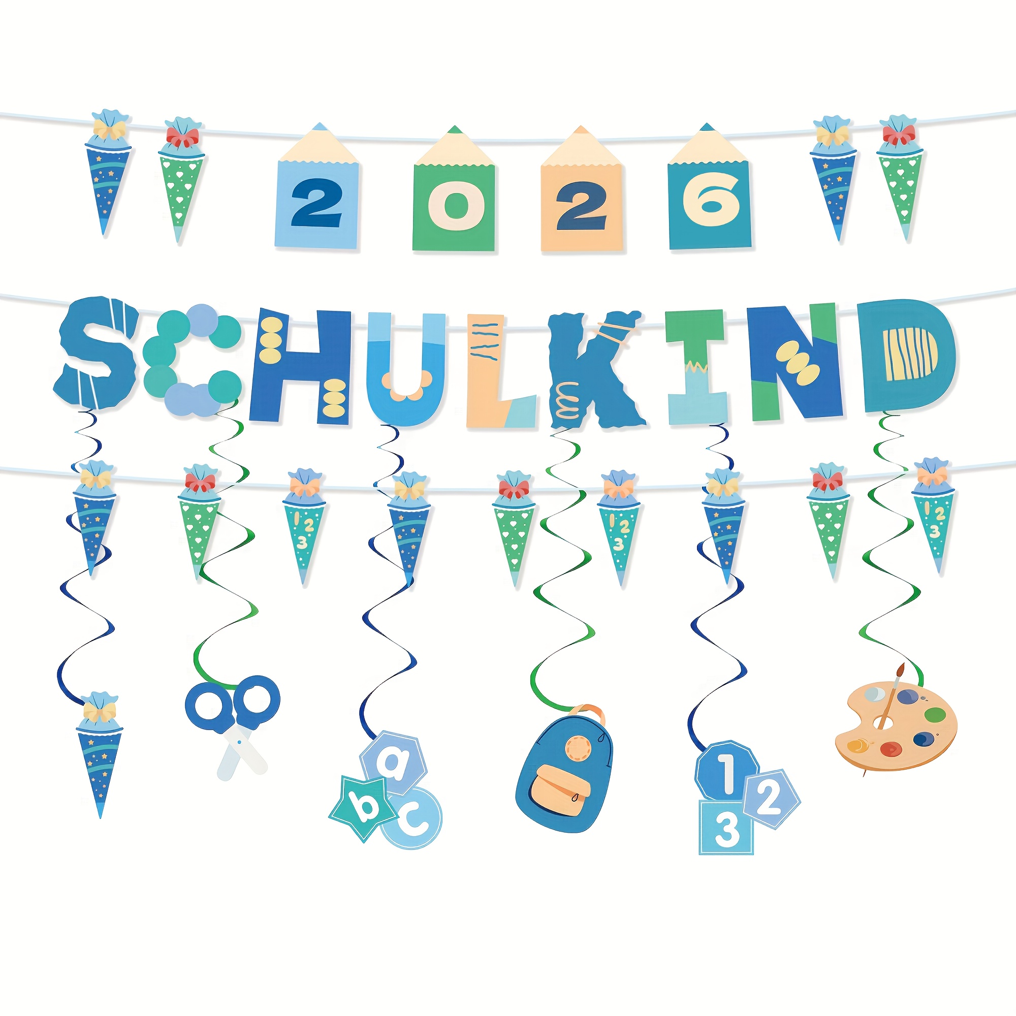 Back-to-school Decorations And Party Supplies, Featuring 2 Blue Banners And 6 Hanging Swirls, Perfect For Decorating Classrooms, School Festivals, Or First-day-of-school Parties