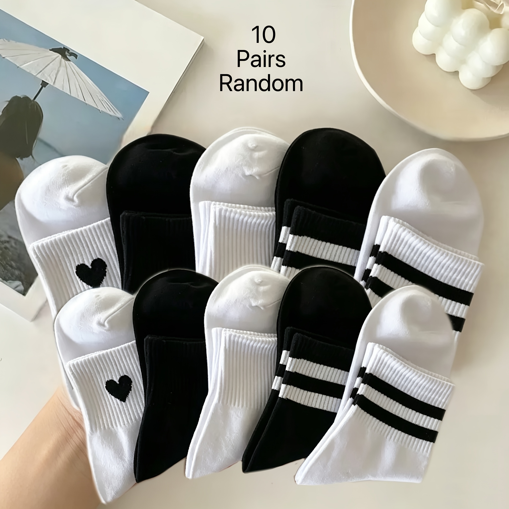 TEMU 10 Pairs Random Black And White Daily Minimalist Short Socks