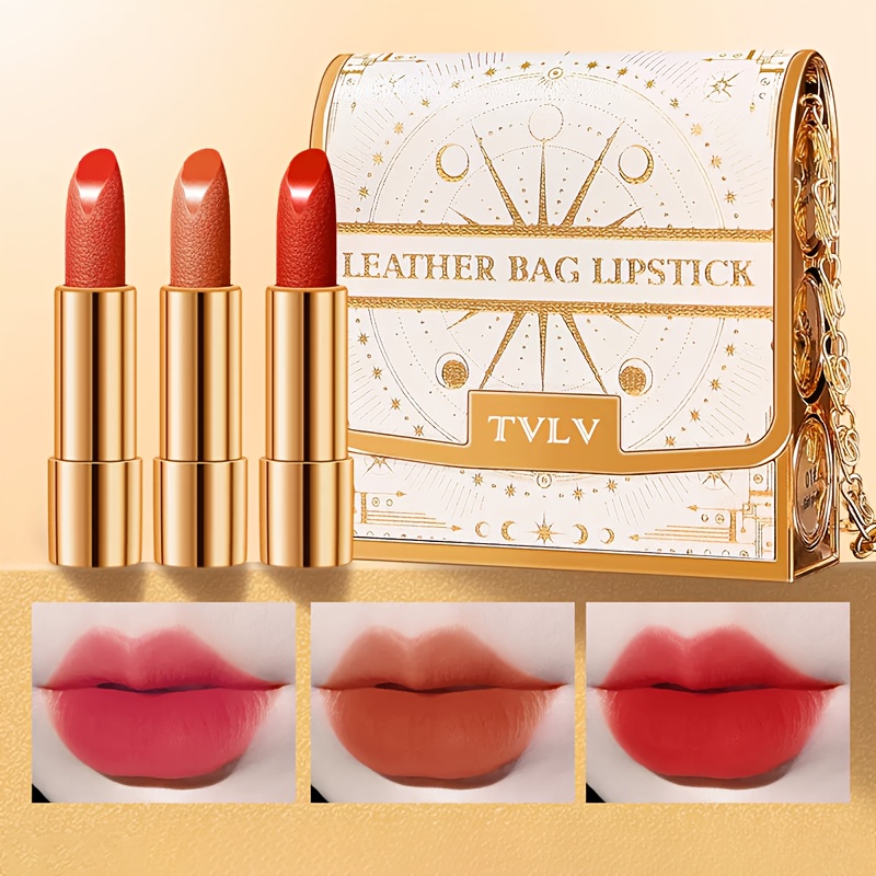 TEMU 3pcs Velvet Matte Backpack Lipstick Set - Long-lasting, Waterproof, Anti-fading, Retractable Red Lip Balm, With Silvery Chain Bag Packaging -