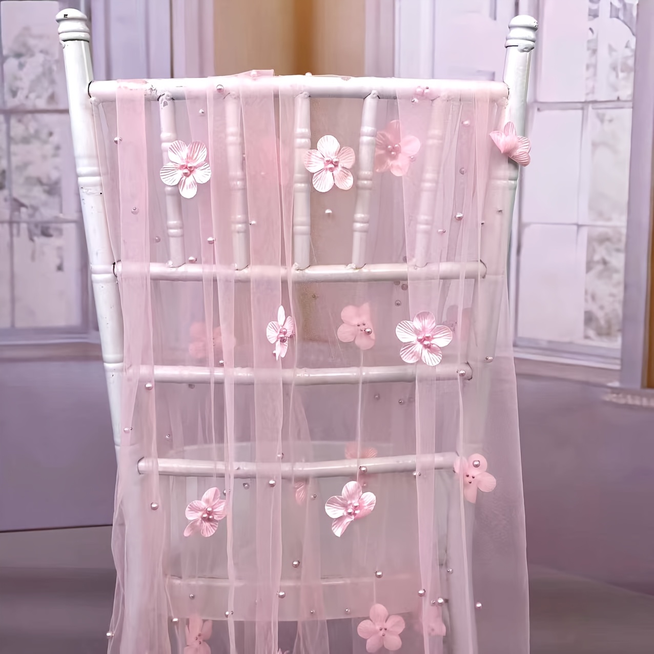 E-shop 10ft Rosa Blumen-Tischläufer – Handgefertigter durchsichtiger Polyester-Chiffon mit Perlenakzenten, langlebige, pflegeleichte Esstisch-Deko für