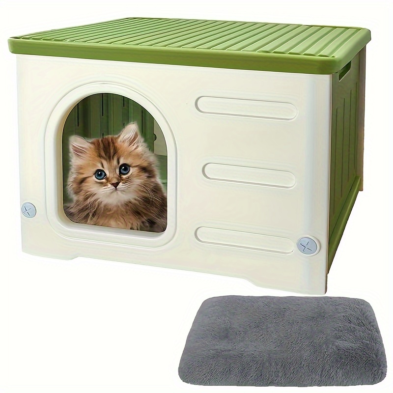 

Waterproof Cat House With Mat, Classic Style, Outdoor Indoor Plastic Cat Shelter, Non-toxic, Easy Assembly