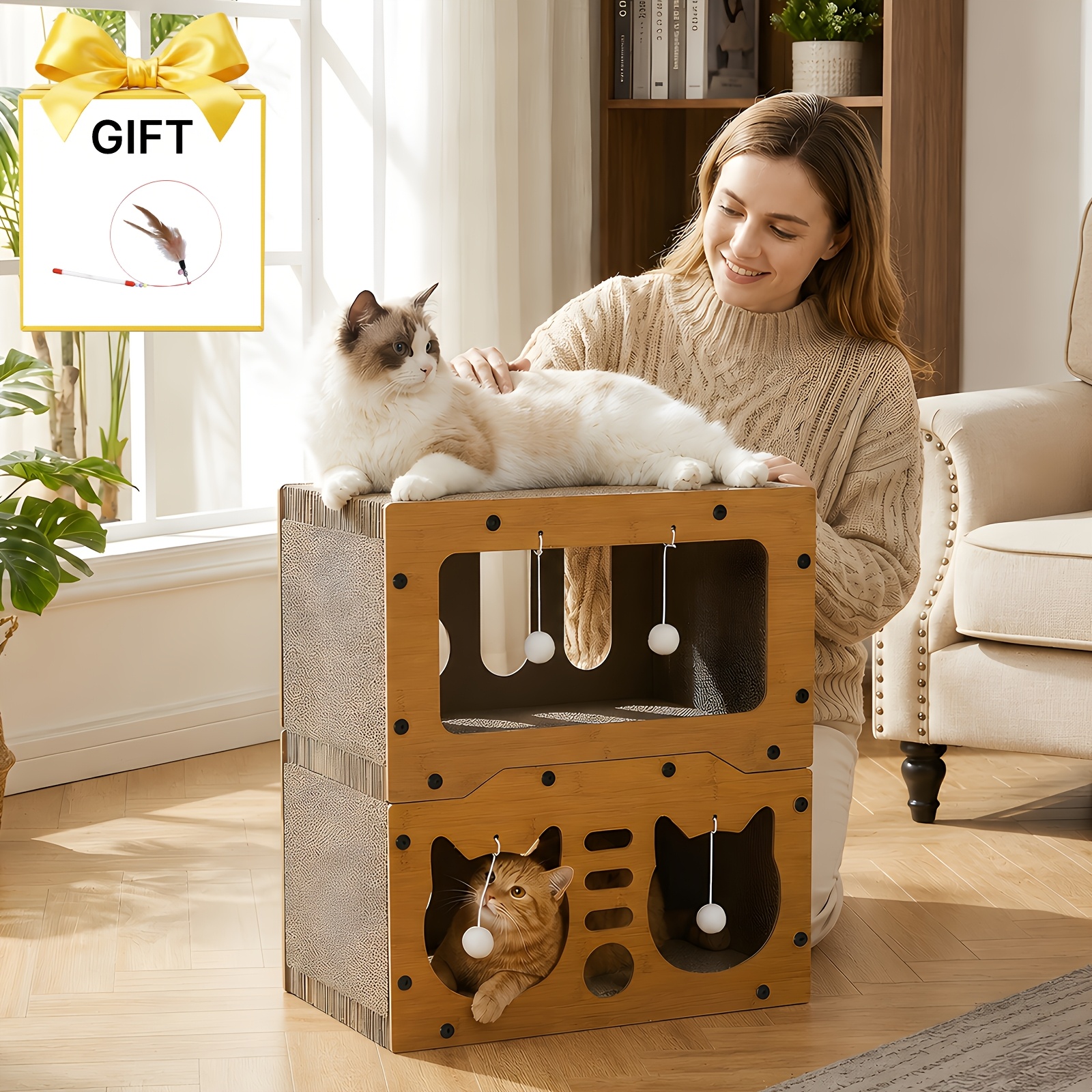TEMU Sturdy Cat Scratching Board With Fun Pompom, Multi-functional Cardboard Cat House And Bed For Scratching/hiding/resting, Large Size To 25 Lbs,