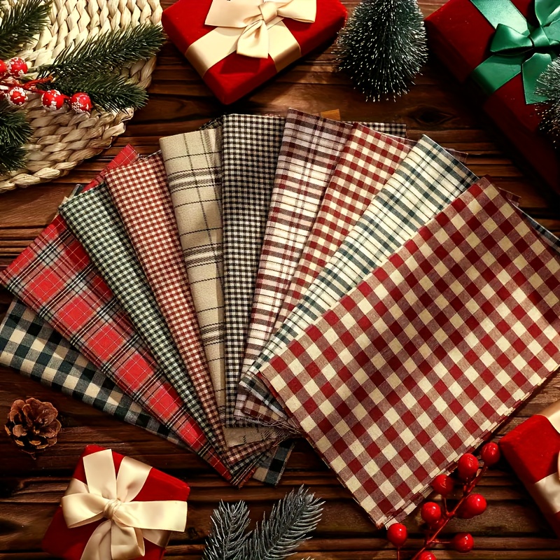 TEMU 10pcs Retro Plaid Fabric Kit, Pre-cut Squares, Size 20x25cm/7.8x9.8in, With Red/green Checkered Stripes, Ideal For Sewing, Crafting, Home Decor,