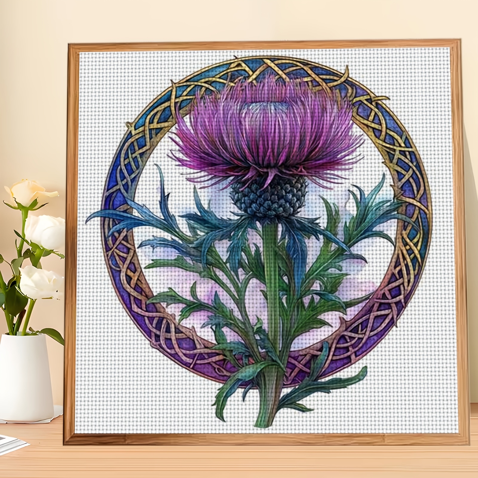 TEMU 1pc Diy Stitch Print Kit, Frameless, " With Purple Flowers" Design, Beginners' Relaxing Craft Time, Allows You To Experience The Full Process