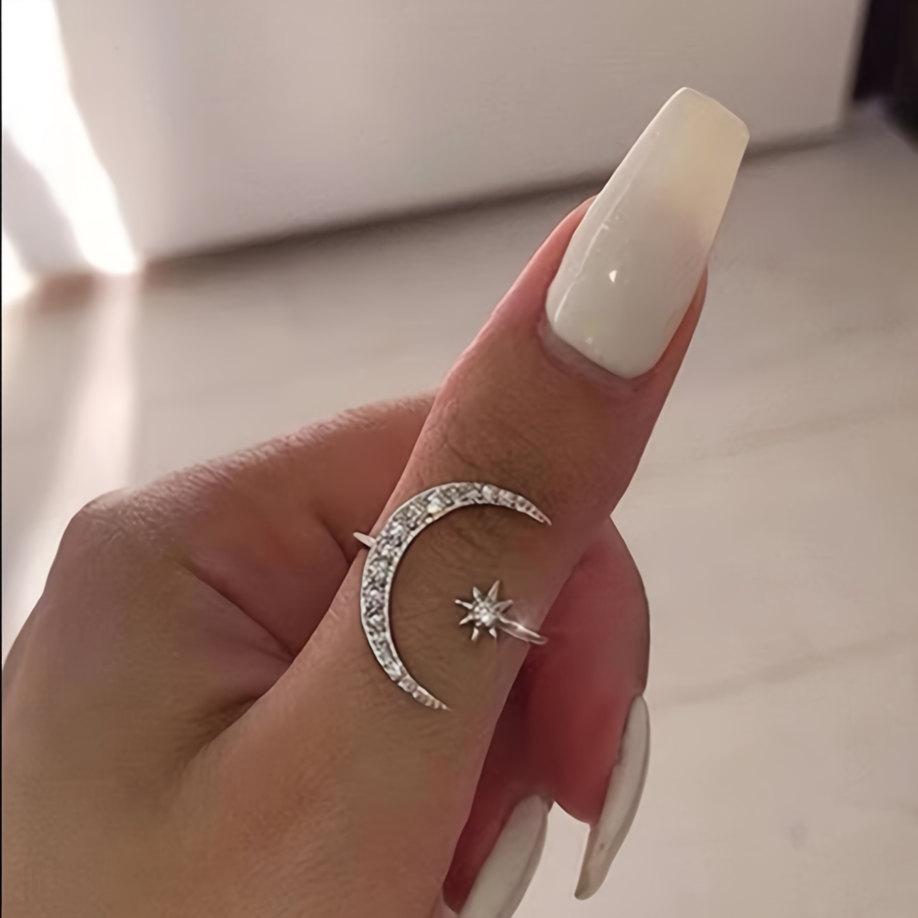Rhinestone Star & Moon Adjustable Open Ring for Women