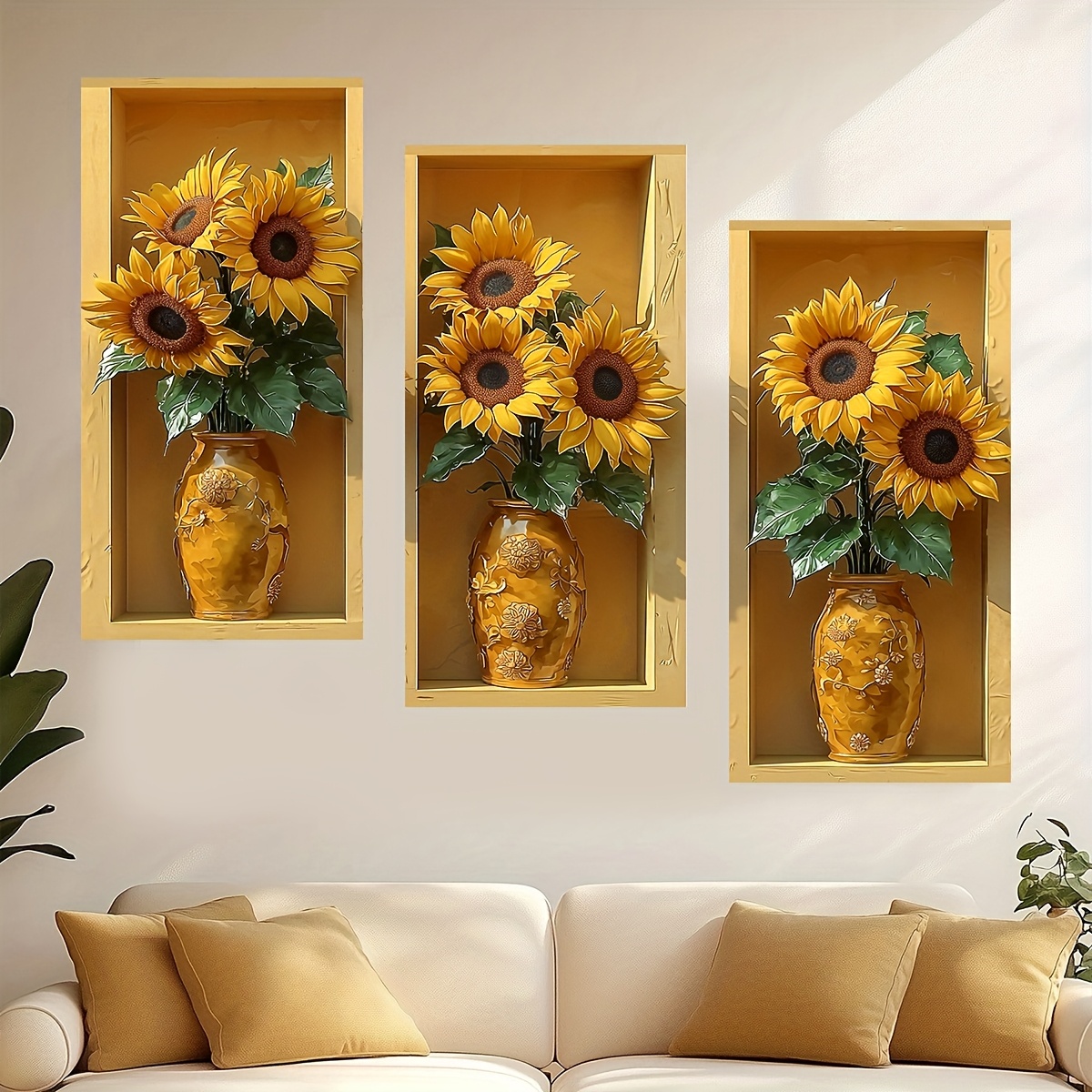 TEMU 3pcs Set, Decorative 3d Sunflower Wall Sticker, Self-adhesive Pvc Material, Suitable For Living Room And Bedroom Background Wall, Realistic ,