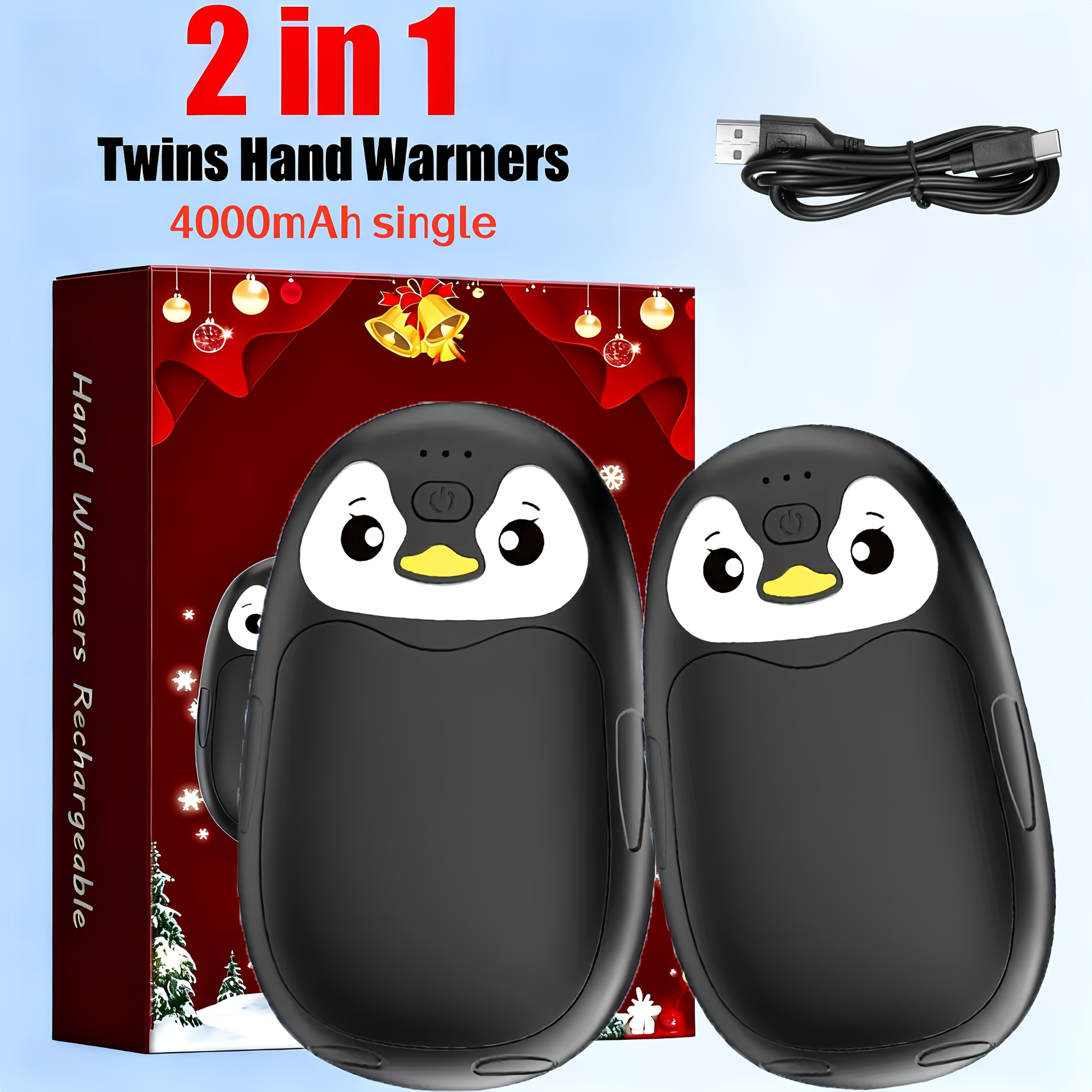 TEMU Twee oplaadbare handwarmers, elk met een capaciteit van 4000mAh, 2-in-1 magnetische handwarmers zijn uniseks, hebben een schattig ontwerp en