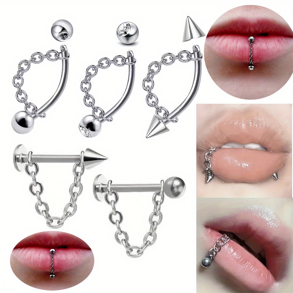 

2pcs Set Elegant Stainless Steel Lip & Eyebrow Rings With Rhinestone Accents - Chain Design For