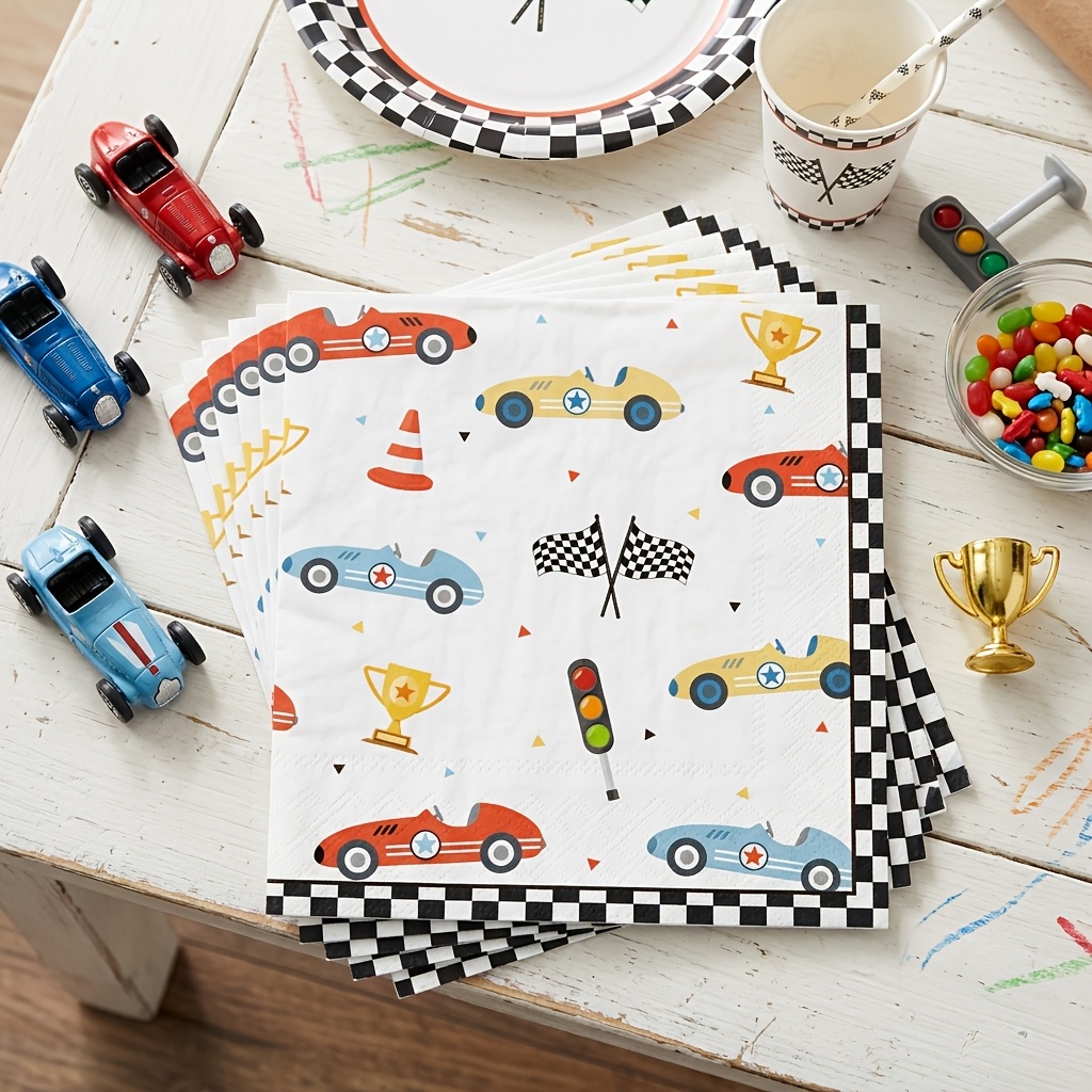 TEMU Lot de 24 serviettes de table épaissies jetables à thème voiture de course vintage et drapeau à pour fête