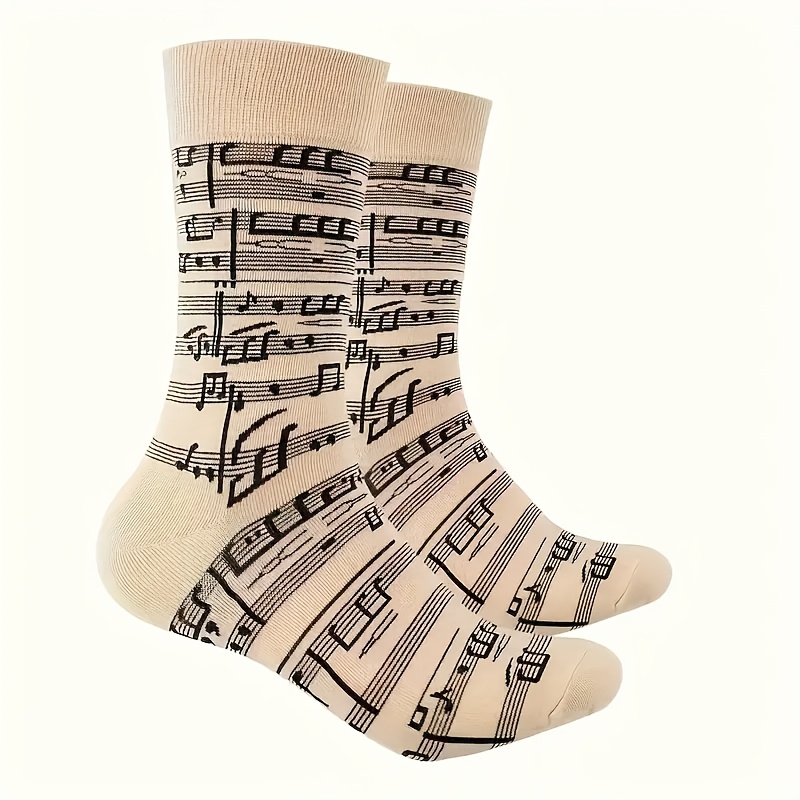 1 Pair Men's Fashion Beige Cartoon Note Round Socks - Comfortable Polyester Fiber Knit Fabric