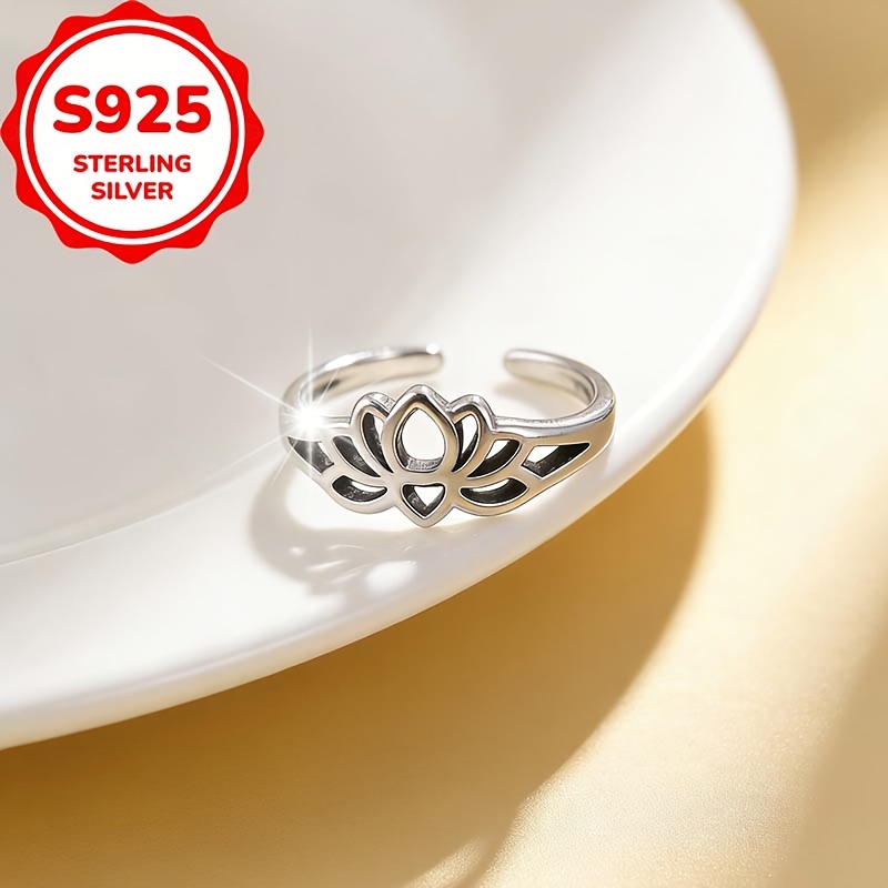 Women's S925 Silver Lotus Open Toe Ring, Adjustable Design