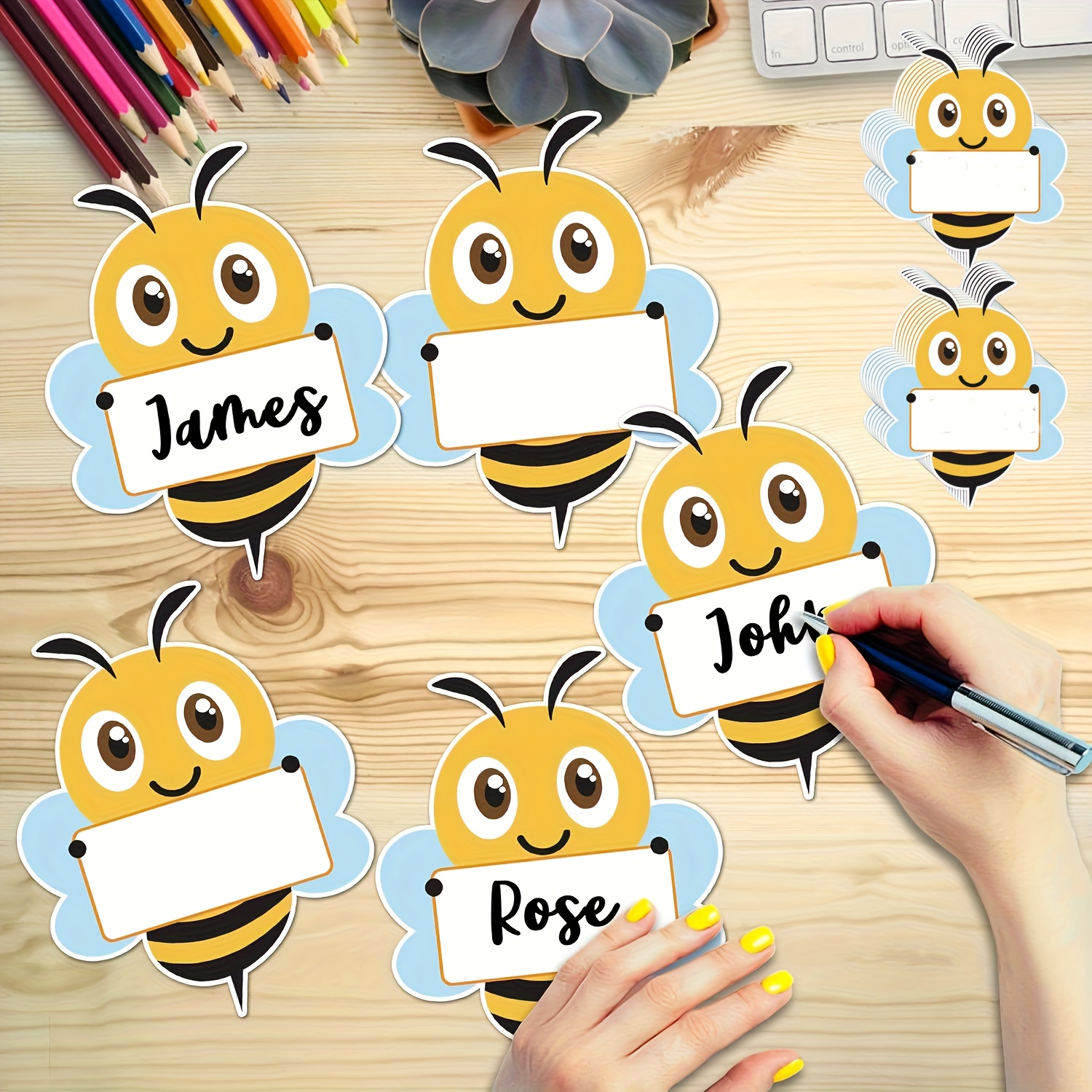 24pcs Cute Bee Paper Labels, With Durable Adhesive, For Classroom Bulletin Boards, Lockers And Desktop Name Tag Decoration