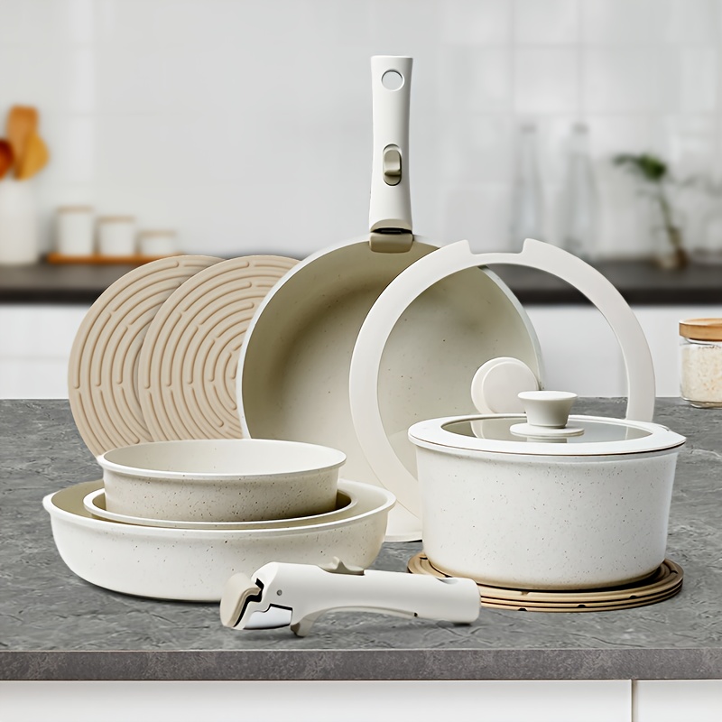 halloween essential household white cookware set 5 pots 2 lids 5 anti scalding pads new detachable handle frying pan and soup pot dishwasher safe party essential cookware set