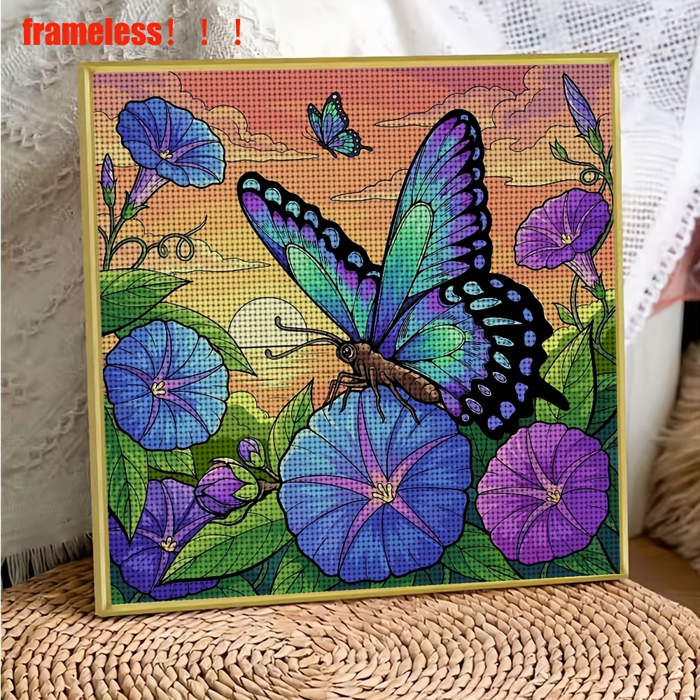 DIY Cross-Stitch Printed Kit, Unframed Butterflies on Flowers