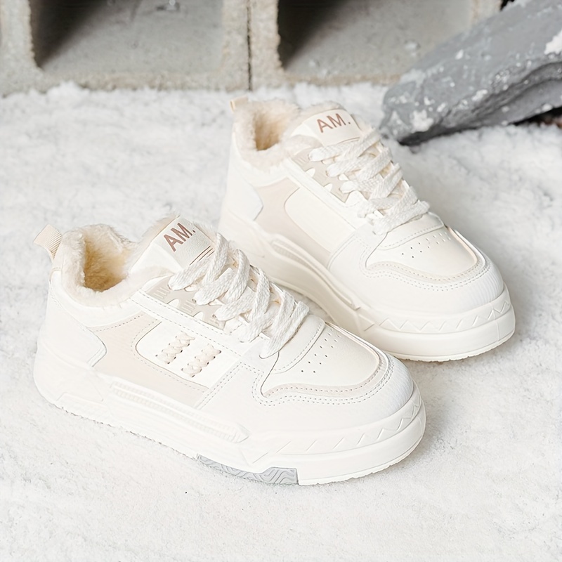 Women'S Winter Warm Fleece-Lined Sneakers, Low Top Lace-Up Sports Shoes,  Round Toe Polyurethane Upper, Fabric Inner, Rubber Sole, Fabric Insole 