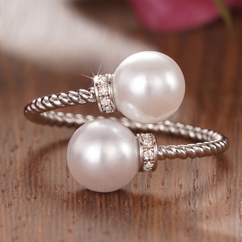 TEMU Anillo plateado elegante con ajustable, incrustación de perlas de para mujeres, joyería de moda casual diaria, y vacaciones