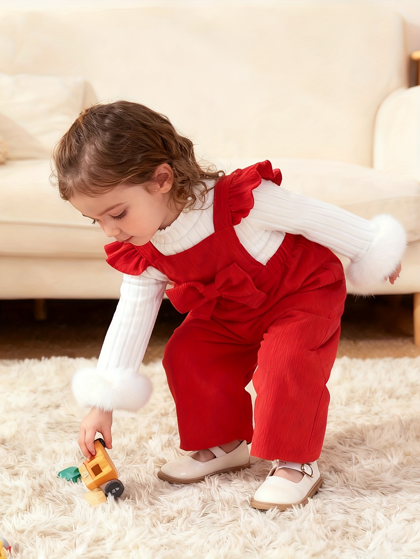 2pcs girls pants set   plush cuff top bow overalls girls daily wear   outdoor Product details 12