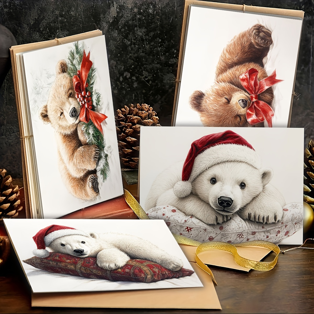 

1set/6pcs Christmas Bear Greeting Cards With Envelopes And Folded Pages 9*13cm/3.54*5.11in Expanded 18*13cm/7.08*5.11in Writing Cards, Christmas Greeting Card Set Writing Cards