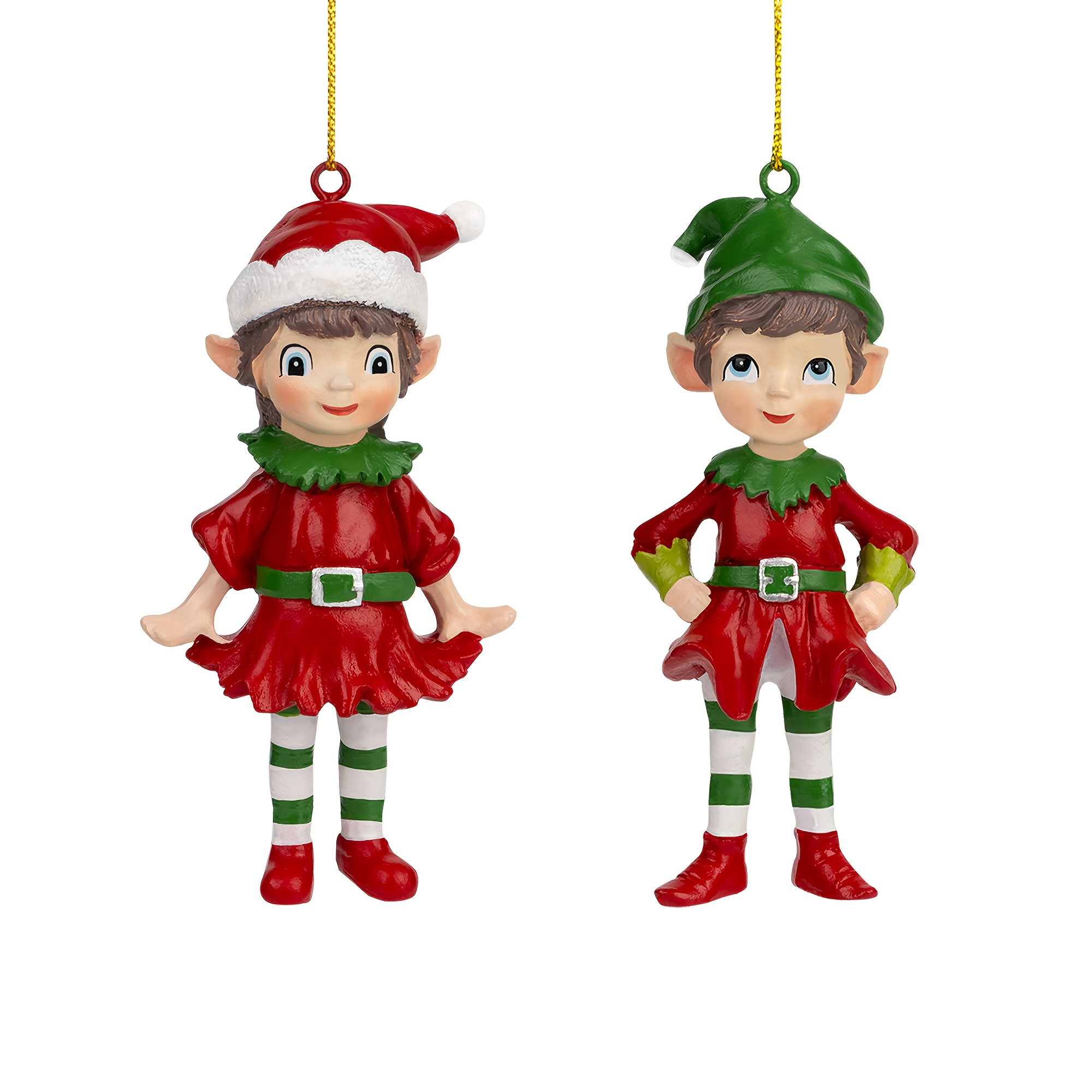 2pcs 3d Stereoscopic Christmas Elf Figurines Hanging Ornaments, 3.5-inch Solid Resin Hand-painted Elf Pendants, Red And Green Christmas Tree Hanging Decorations, Christmas Gifts