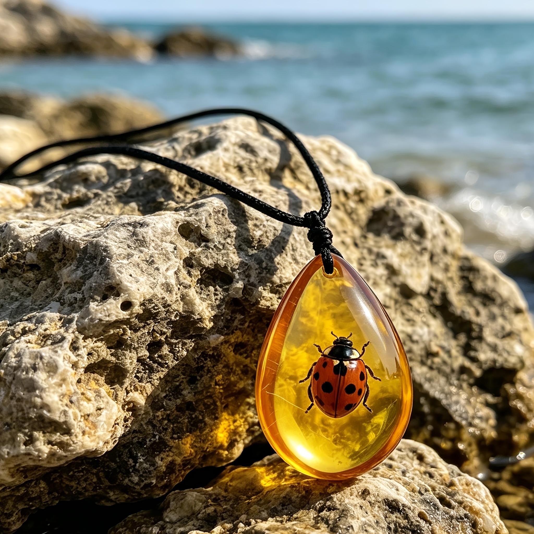 Simulated Amber Ladybug Pattern Men's Necklace
