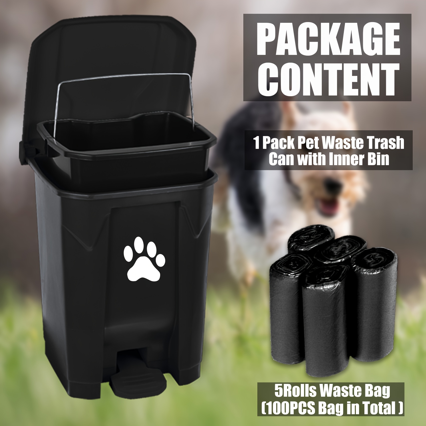 

15l/4gal Poop Trash Can With Paw Print Lid - , Odor-sealing Outdoor Pet Waste Disposal Container With Removable Inner Bin & Pedal - Includes 3 Rolls Of Waste Bags For Garden & Yard