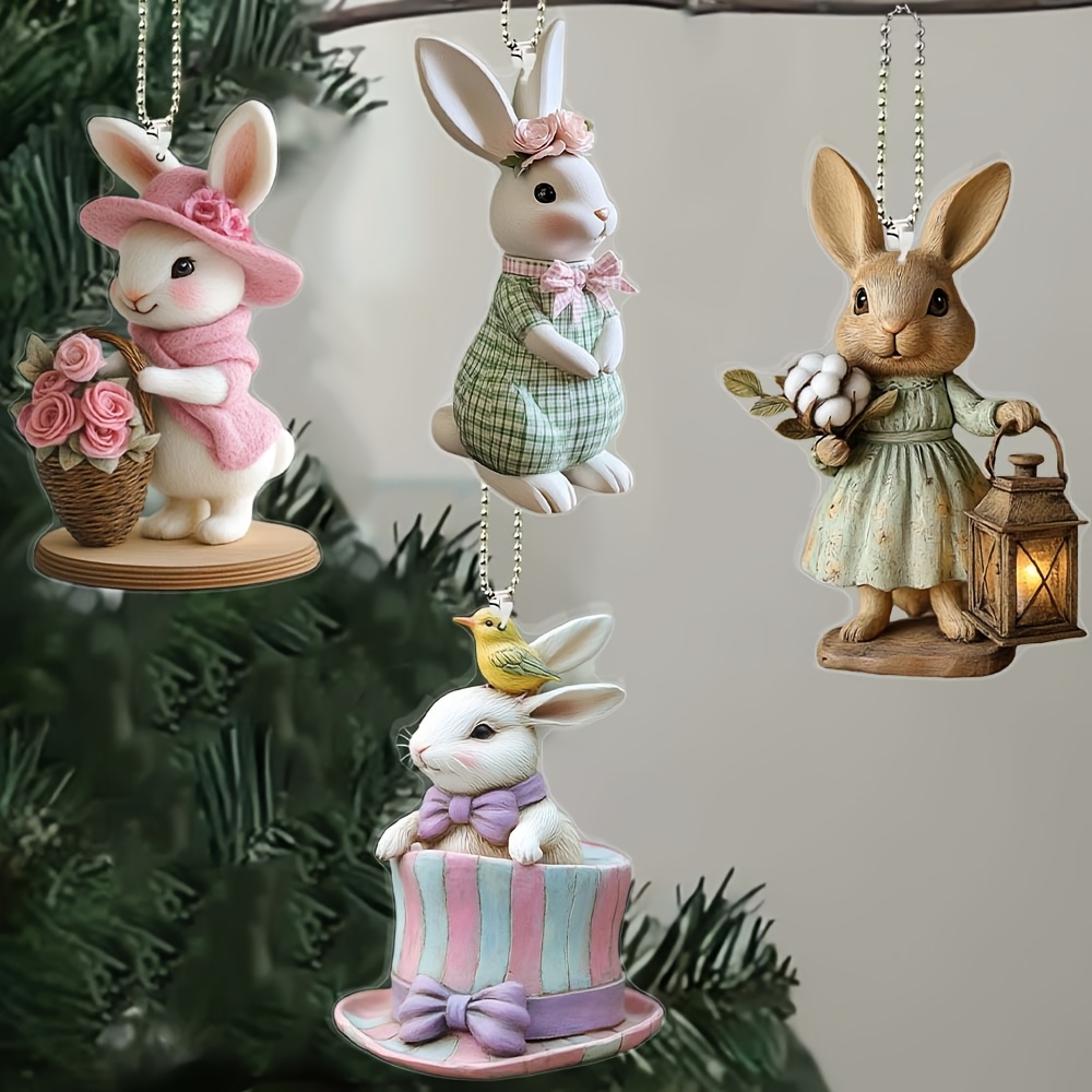 

2d Flat 4pcs Kawaii Easter Bunny Acrylic Suncatcher Charms - Art Hanging Decorations, , Waterproof, Scratch Resistant Holiday Pendants For Car, Door, Mantle - No Electricity Needed