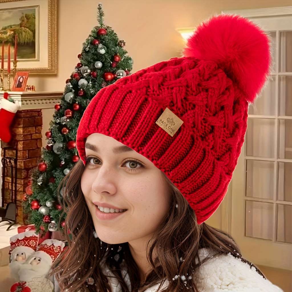 

2pcs Pack Women Winter Pompom Beanie Hat Fleece Lined Warm Hats, Slouchy Snow Knit Cap For Ladies, Hair Accessories, Thanksgiving Christmas Gift For Women