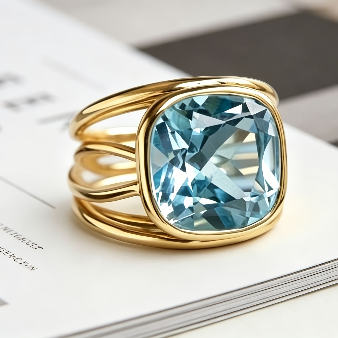 TEMU Western Light Luxury Square Large Colored Zirconia Copper Golden Plated Wide Ring Women's Aquamarine Gemstone Index Ring Daily Commute Banquet