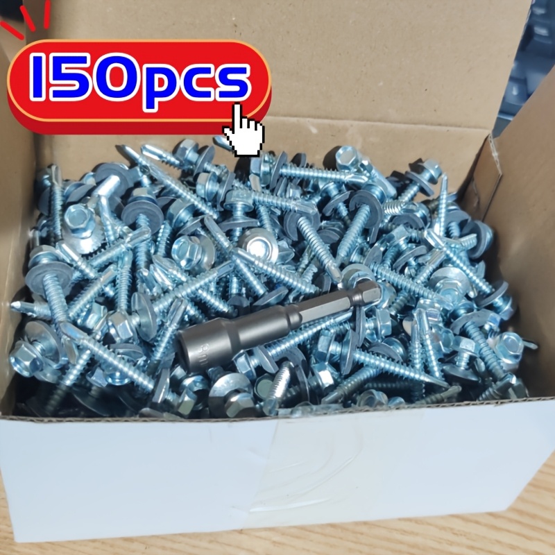 TEMU A Container Containing Around 301 Units Of M4.8*38mm Hex Washer Head Self-drilling Screws. The Set Comes With A Hex Bit And A Driver Bit. Screws