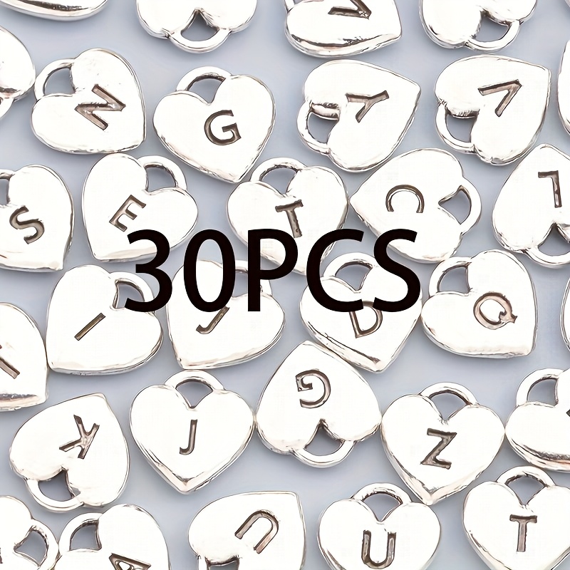 E-shop 30 Stück Buchstaben Herz Anhänger Antiker Silberfarbener Stil Zinklegierung Englische Buchstaben Charms Ergänzungsperlen, Schmuckzubehör