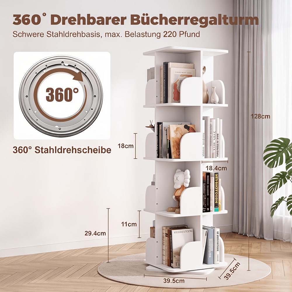 Image of 360 Degree 4 Tier Rotating Bookshelf Bookcase Display Floor Standing Corner Revolving Shelf Bookrack Suitable For Living Rooms, Bedrooms And Offices, Support Free Installation