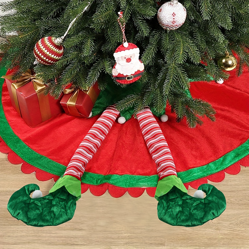 

1pcs, Christmas Tree Skirt For Tree Decorations, 60 Inch Delightful Red Green Large Skirt With 3d Elf Legs And Ripple Trim For Merry Christmas Party Christmas Decor