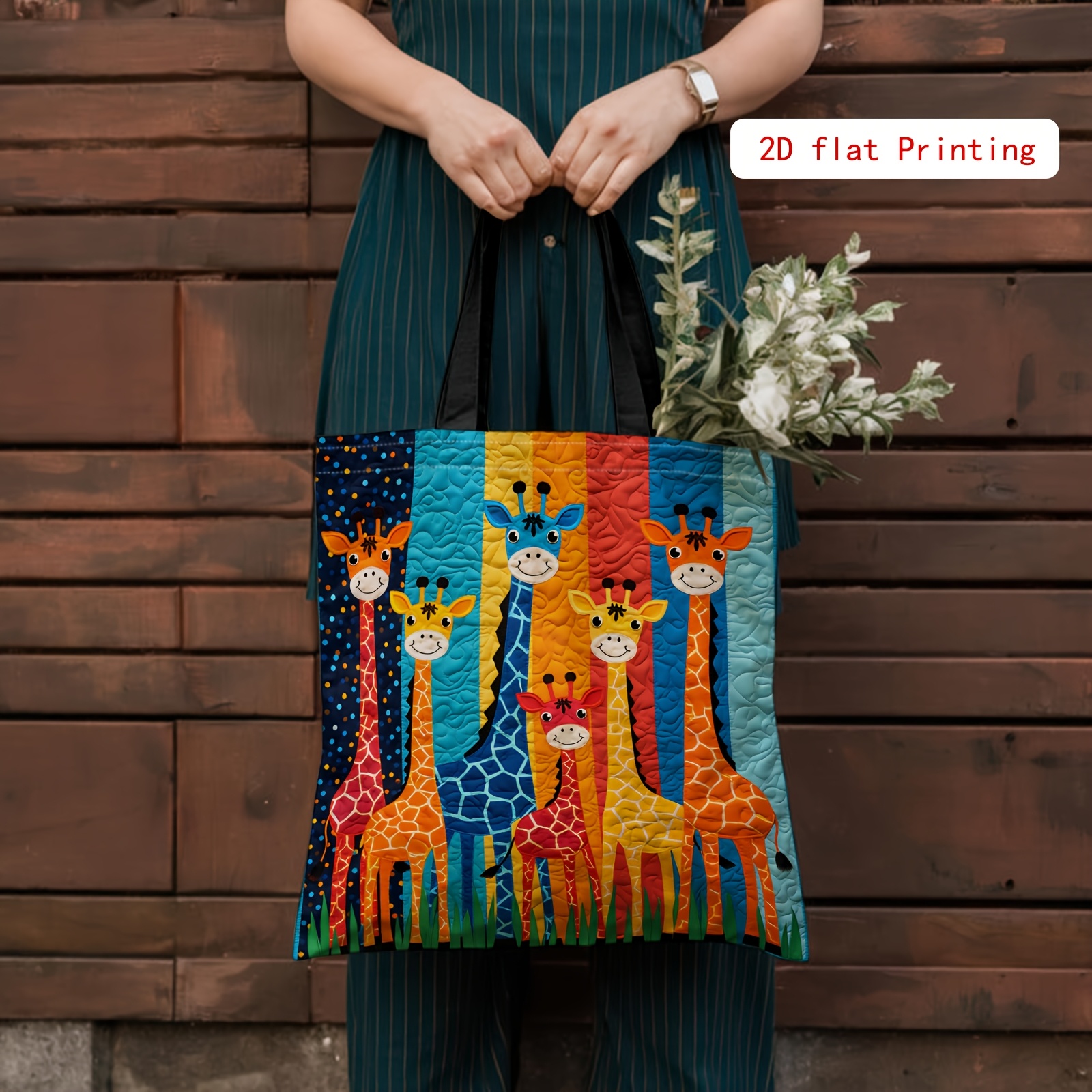 Image of Tote Bag 2d Double-sided Printed Creative Fashion Handbag, Colorful Giraffe Animal Giraffe-themed Tote Bag Fresh Literary Style Daily Versatile Bag, As Daily Shopping