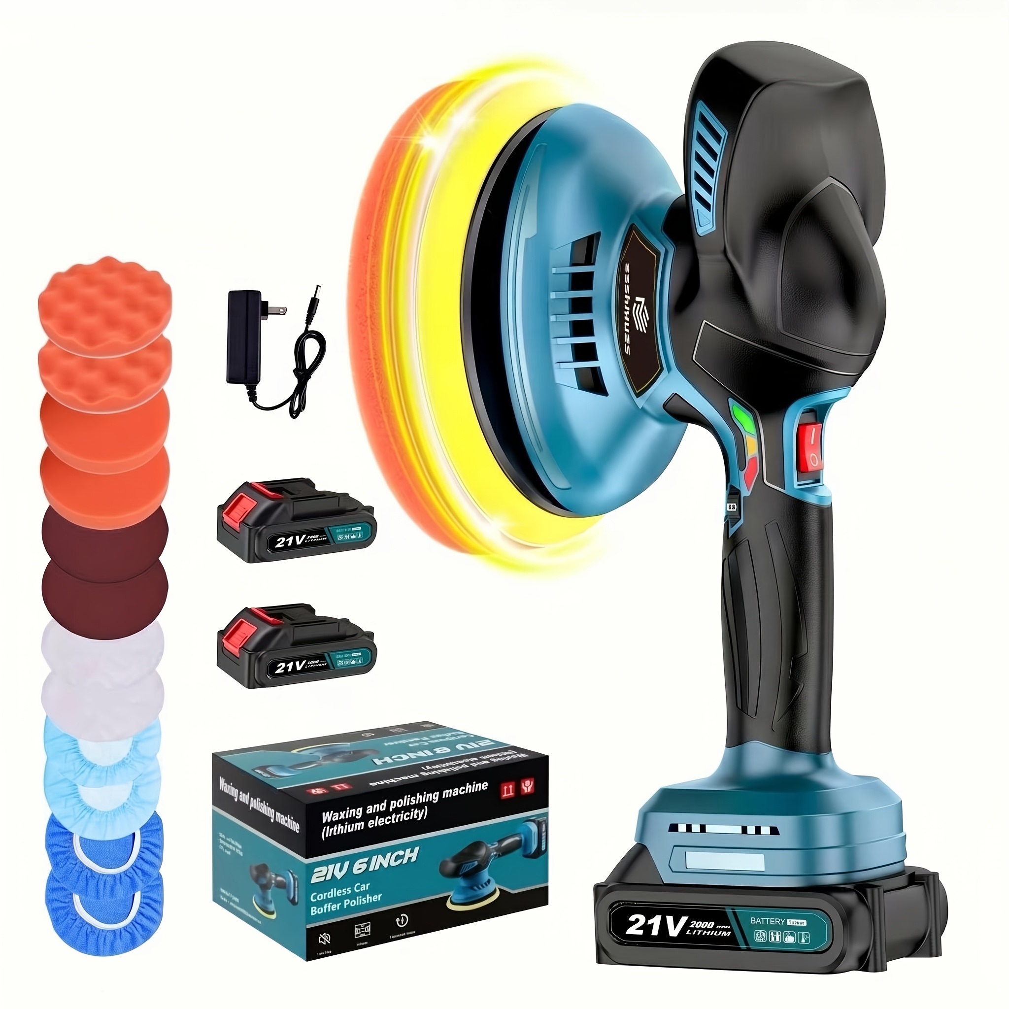   cordless buffer polisher 6 inch   polisher kit with 2pcs 21v 2 0ah rechargeable battery 6 variable speed 5500rpm buffer polisher for detailing polishing  