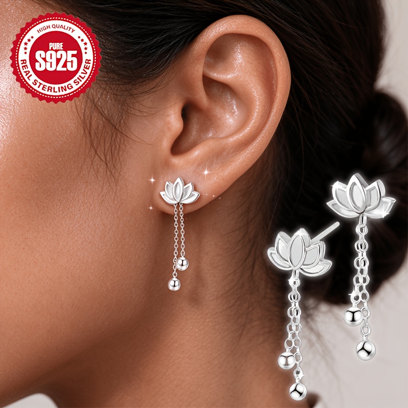 Women's S925 Silver Lotus Tassel Stud Earrings, Vintage Style