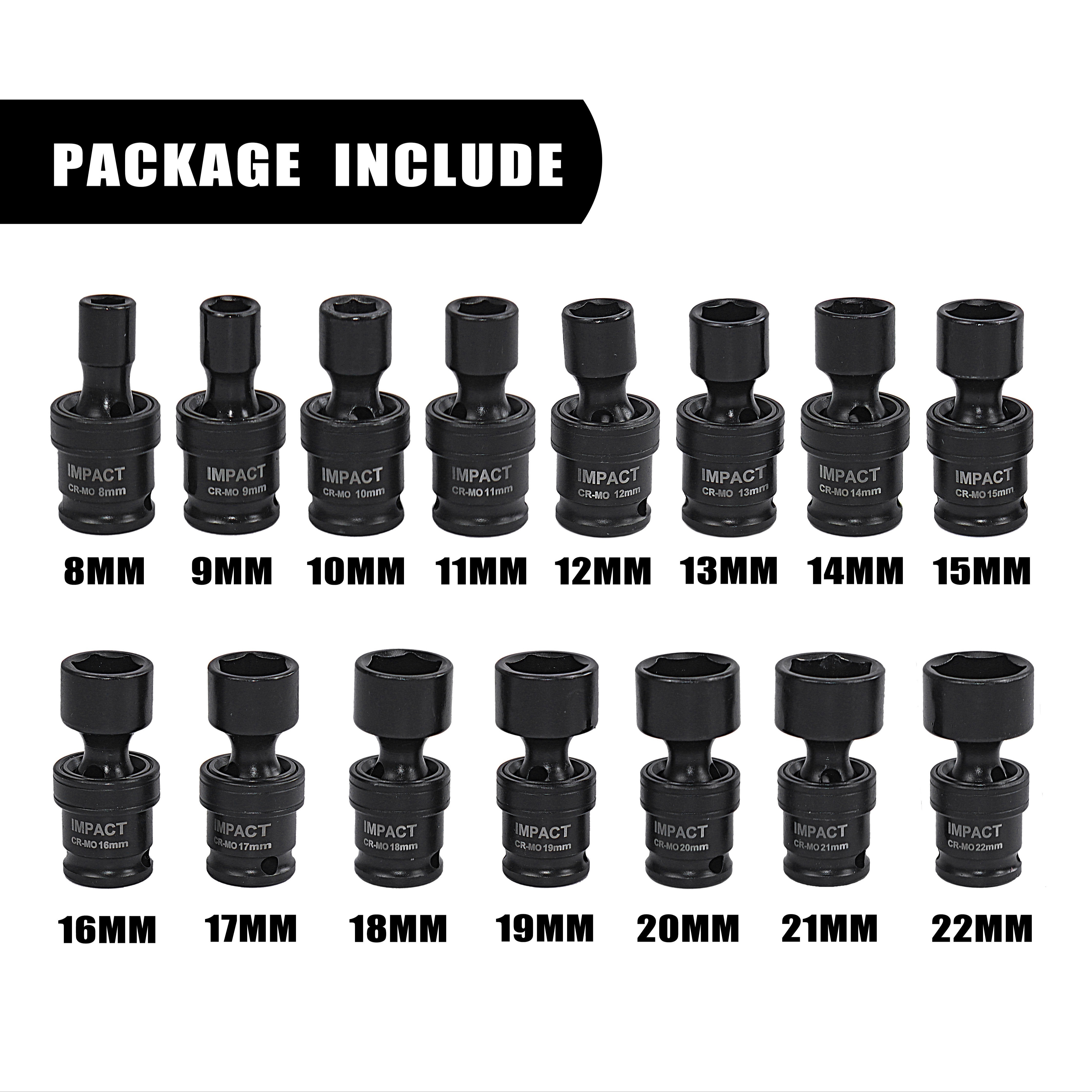 15pcs Impact Universal Socket Set, 3/8"inch Drive Professional Swivle Head Automotive 8-22mm Repair Tool - Image 3