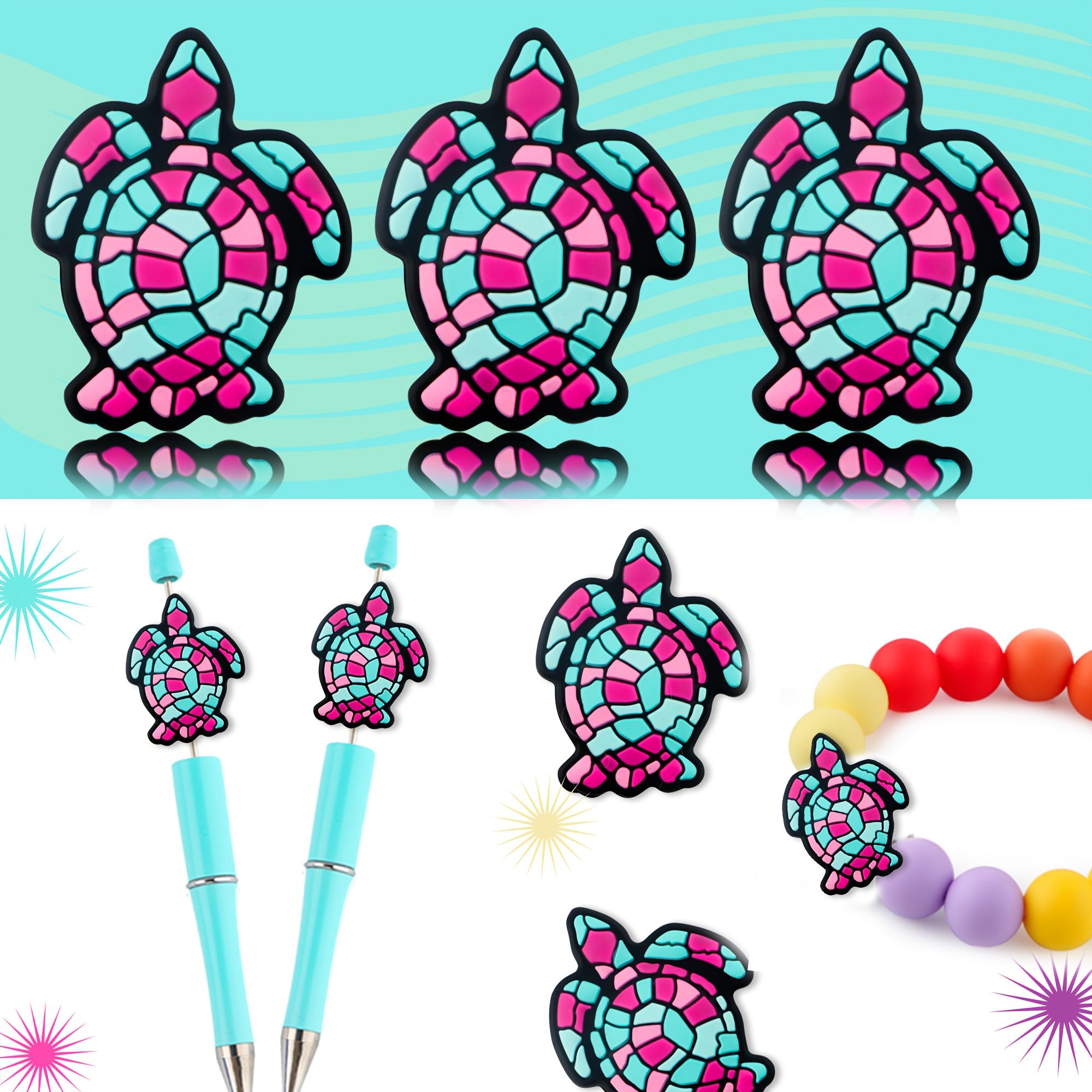 

7pcs, Colored Turtle Silicone Beads, Suitable For Diy Handmade Ballpoint Pens, Keychain Pendants, Etc, Bead & Bead Assortment, Decorative Beads