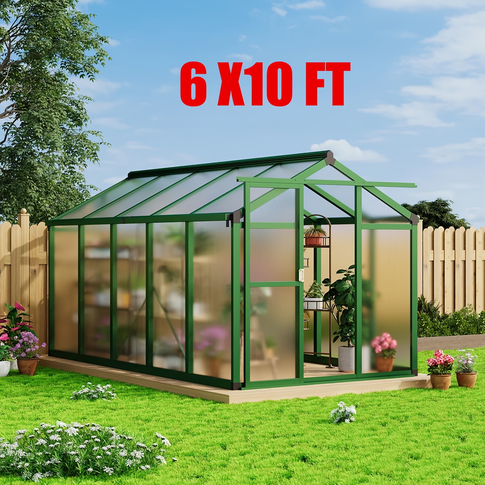 6x10ft Polycarbonate Greenhouse With Roof Vent & Lockable Door, Aluminum Frame, Pc Panels, Uv-resistant, Storm-resistant, For Garden & Patio, Green