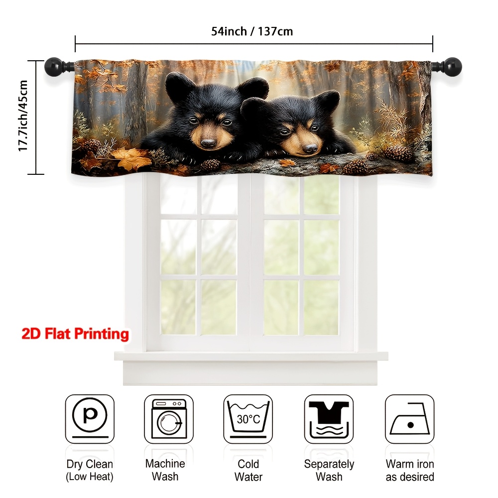 TEMU 2d Flat - 2d Flat - 1pc Of Black Bear Autumn Forest Valance Curtain With 2d Flat Printing And Rod , , Suitable For Kitchen, Office, Art , Room