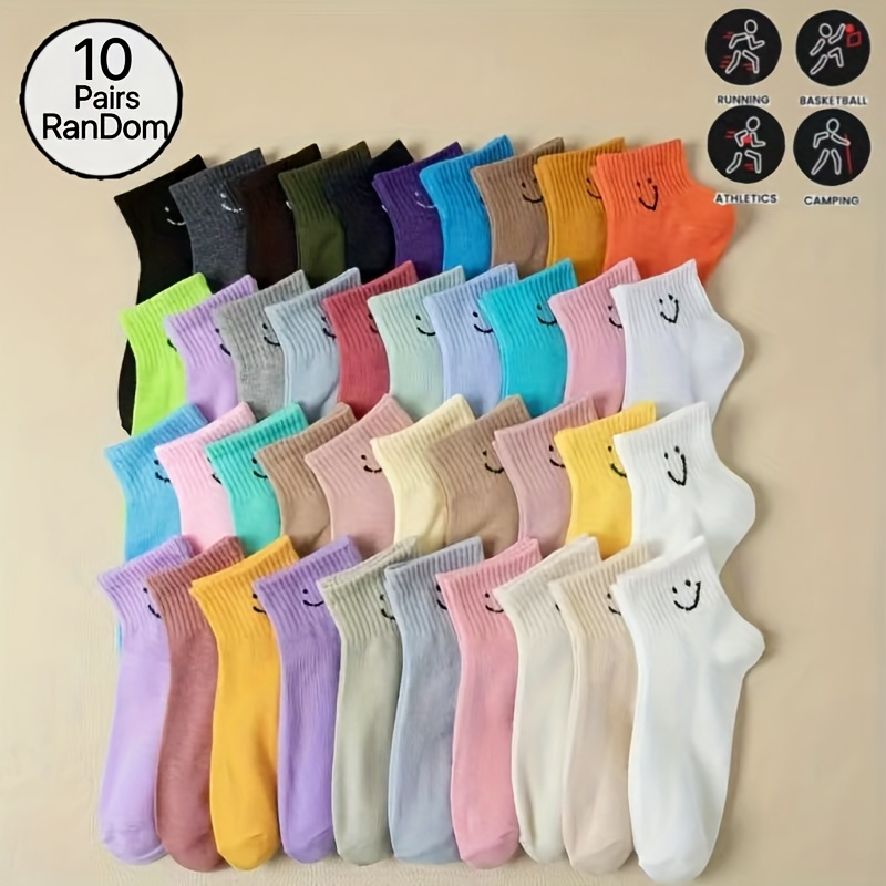 

10 Pairs Women's Polyester Short Socks, Breathable Anti-odor Knit Fabric, Cute Daily Ankle Socks With Printed Happy