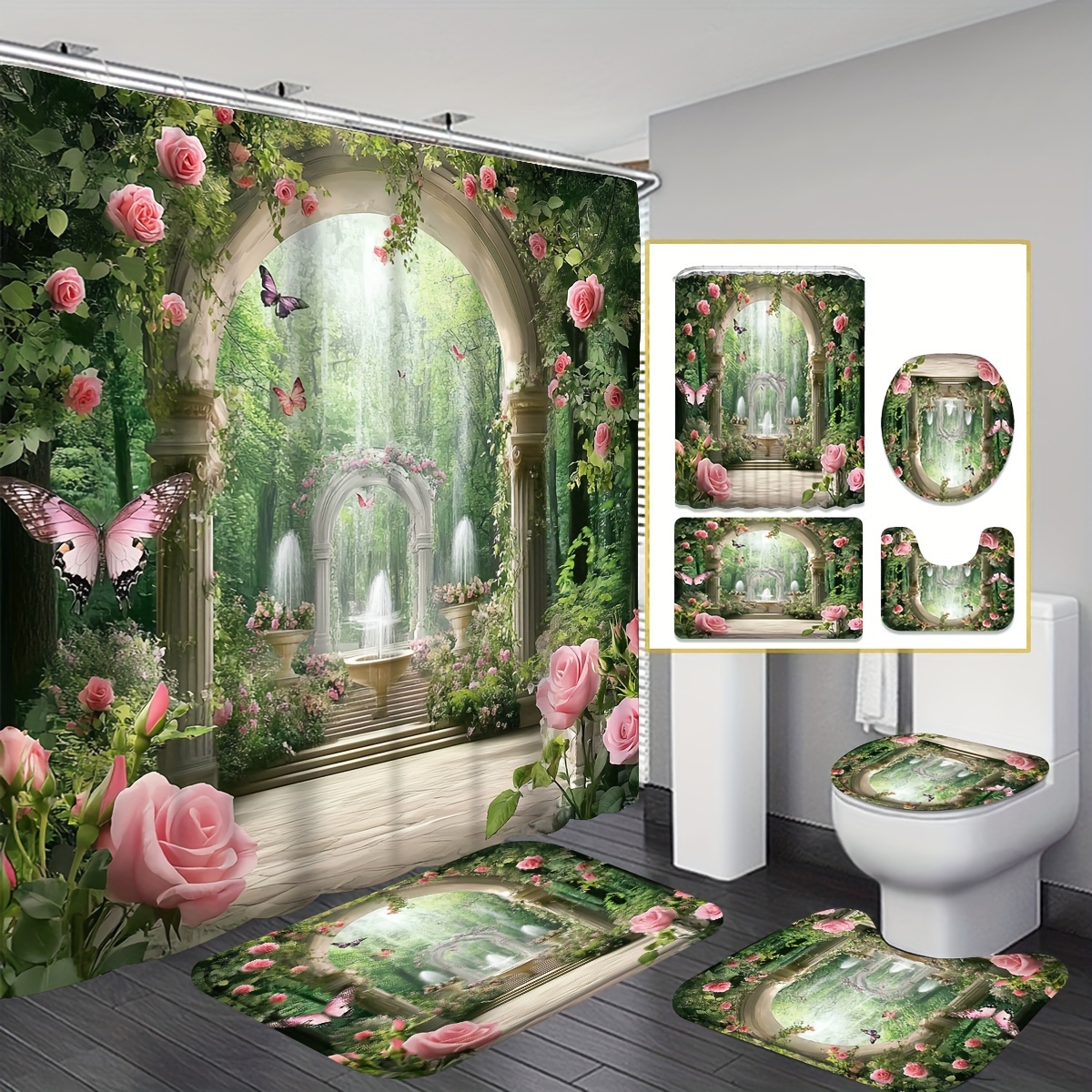 

Jit 1/4pcs Shower Curtain Set - , Washable, Including Toilet And Bath Mat, Bathroom Decor 12