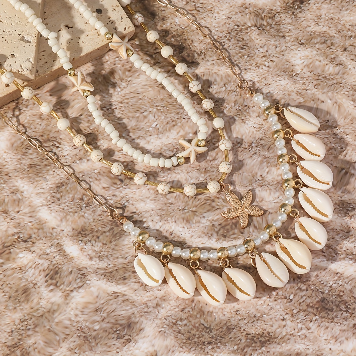 Bohemian Ocean Beaded Necklace Set with Shell Chain