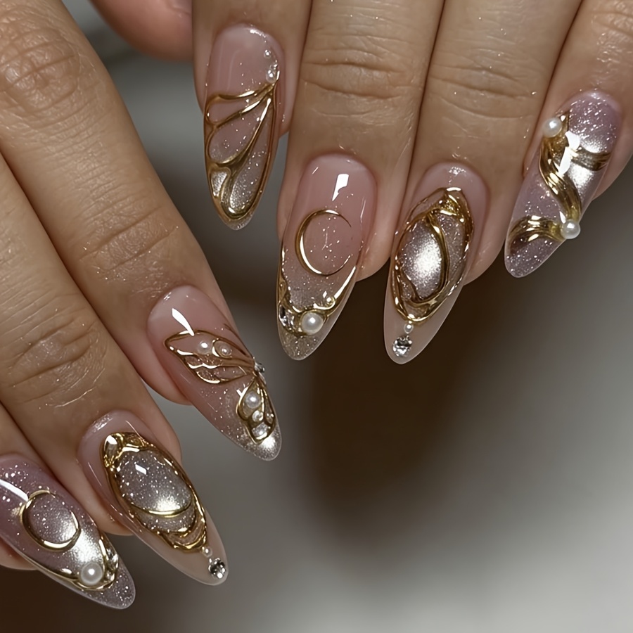 TEMU 10pcs Faux Ongles /Moyens , Kit d'Ongles à Coller Œil de Chat avec Or Doré, Étoile 3D, , Papillon, Strass, Décor de Perles, Réutilisables,