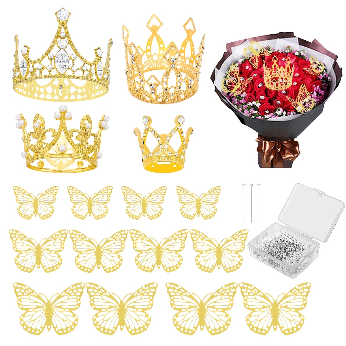 

116pcs Valentine's Day Golden Crowns Set For Flower Bouquets, Flower Bouquet Accessories Including 4pcs Bouquet Crown, 12pcs Decorations And 100pcs Flower Pins For Wedding Day Birthday Wedding Shower