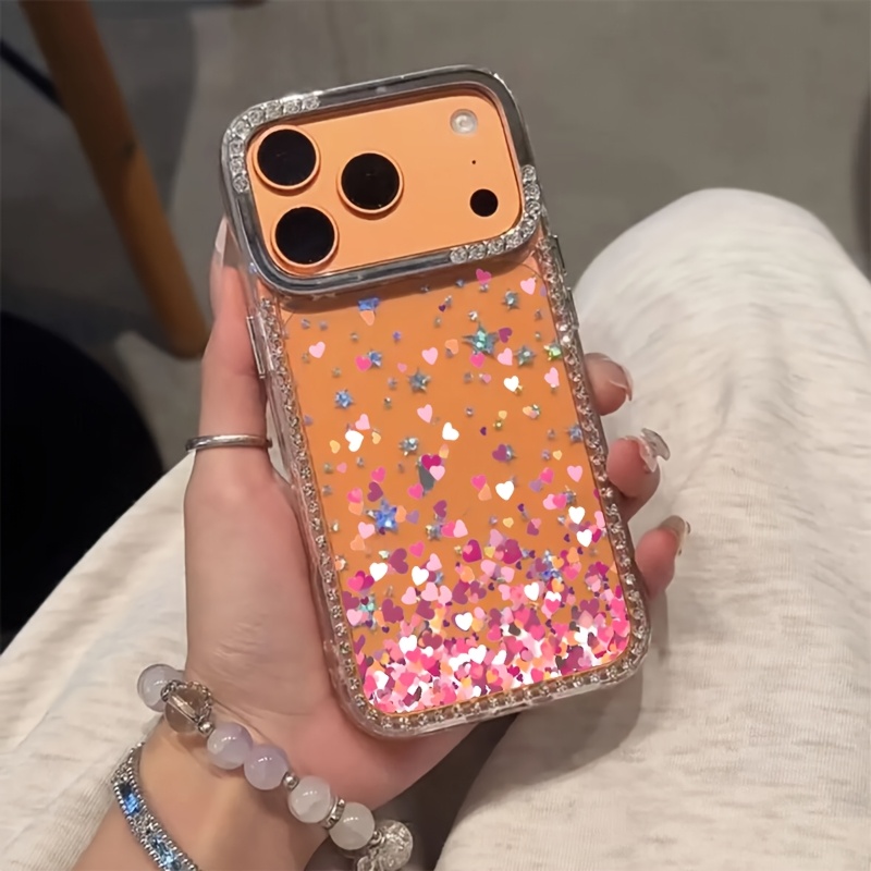 TEMU Phone Case: Scattered Hearts Luxury Rhinestone Fashion Phone Case, Transparent Sparkling Crystal Border , Drop-proof Cover, Suitable For Iphone