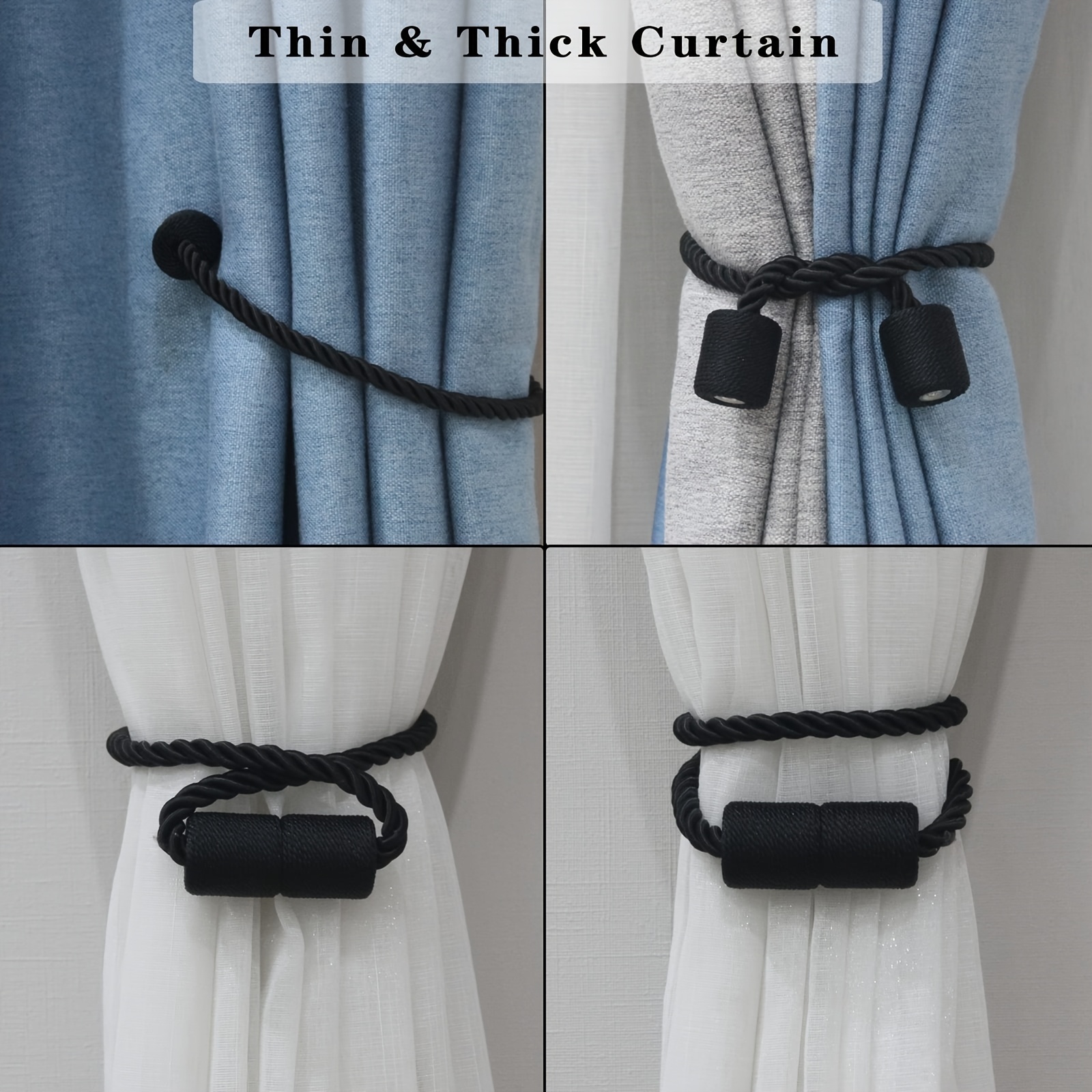 2 Pack Black Strong Magnetic Curtain Tiebacksoutdoor Elegant Decorative Tie Backs Modernrope Tiebacks for Drapes Window Curtainholdbacks for Draperies