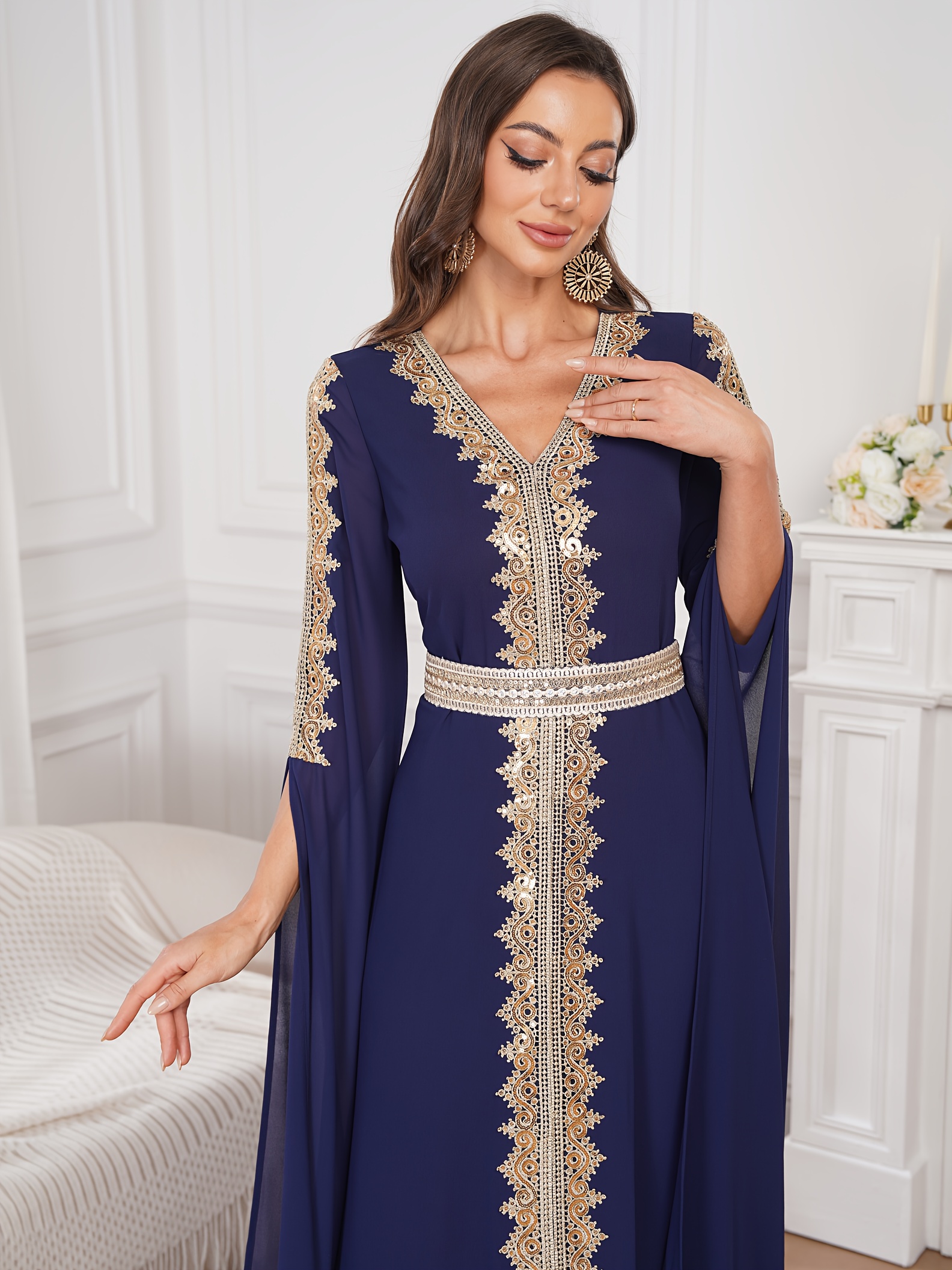 middle eastern womens pearl embellished chiffon v neck long - Temu Bahrain
