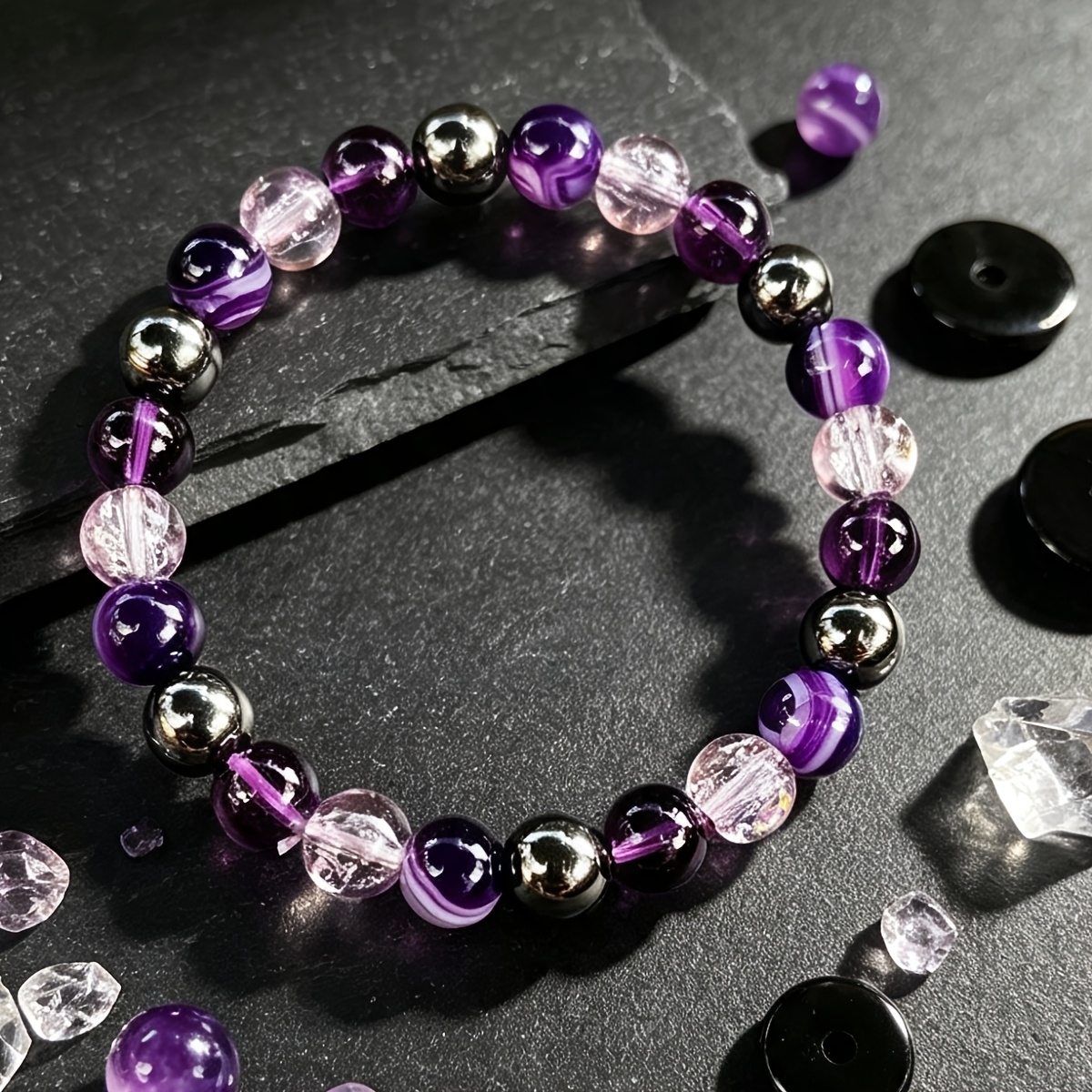 Unisex Natural Amethyst Agate Handmade Elastic Bracelet